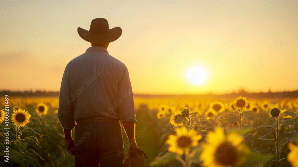 Cowboy admiring a sunset over a sunflower field Cowboy admiring a sunset over a sunflower field