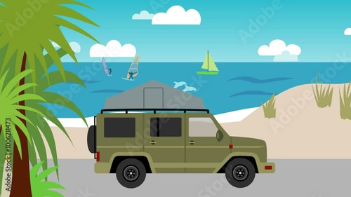 Animation of an off-road vehicle driving around the world, past deserts, seascapes and mountain landscapes
