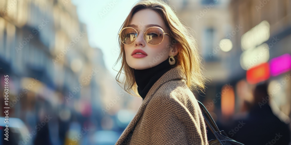 Fashionable woman in sunglasses poses confidently on a city street, exuding style and elegance in a vibrant urban atmosphere.