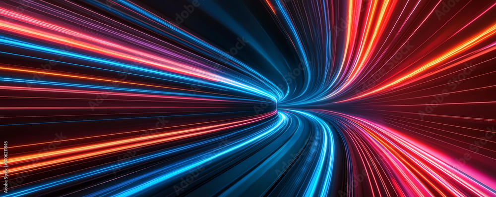 Fototapeta premium Colorful light trails in motion on a dark background.