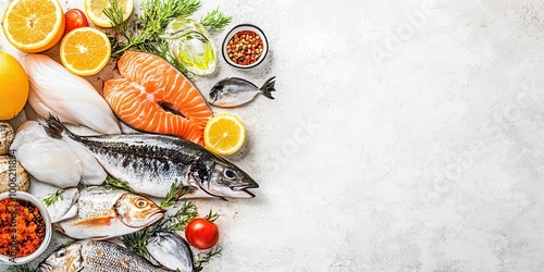 Fresh seafood assortment with citrus fruits and herbs on a light background, perfect for culinary and health-related projects. photo