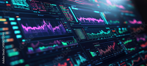 Financial analytics dashboard on computer screen. Business data analysis, stock market research and investment strategy concept