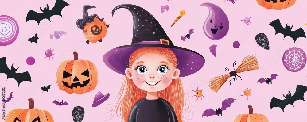 Fototapeta premium Adorable child dressed as a tiny witch, surrounded by Halloween icons like pumpkins, bats, and a broomstick.
