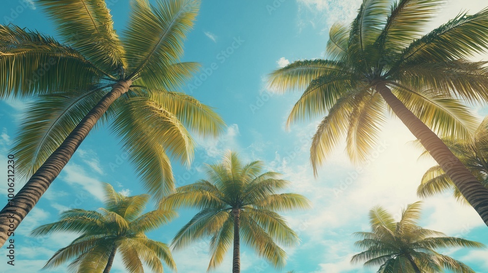 Some coconut palm trees copy space and blue sky and sun bright with cloud Some coconut palm trees copy space and blue sky and sun bright with cloud