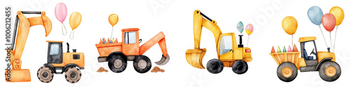 Colorful construction vehicles with balloons on a white isolated background. photo