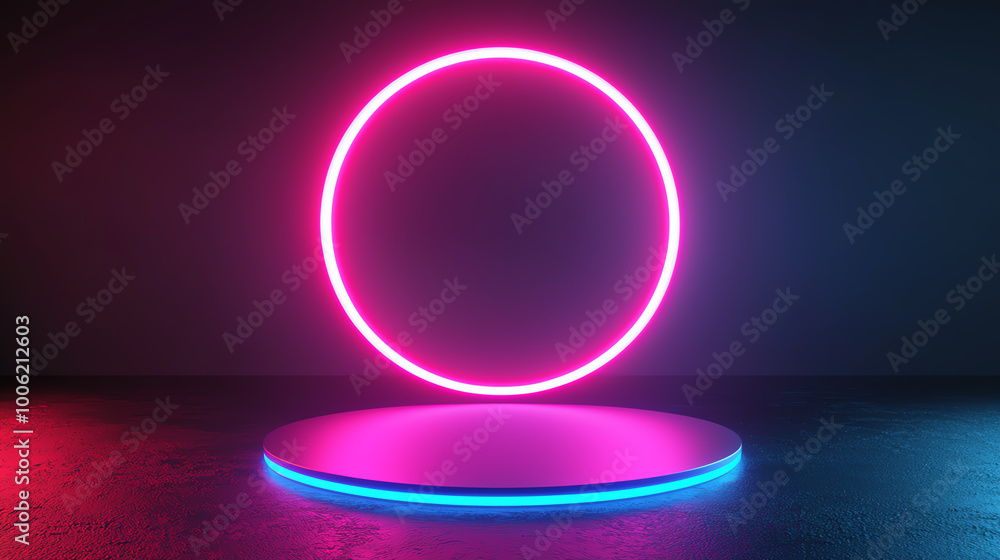 Glowing neon circle and platform on dark background Glowing neon circle and platform on dark background