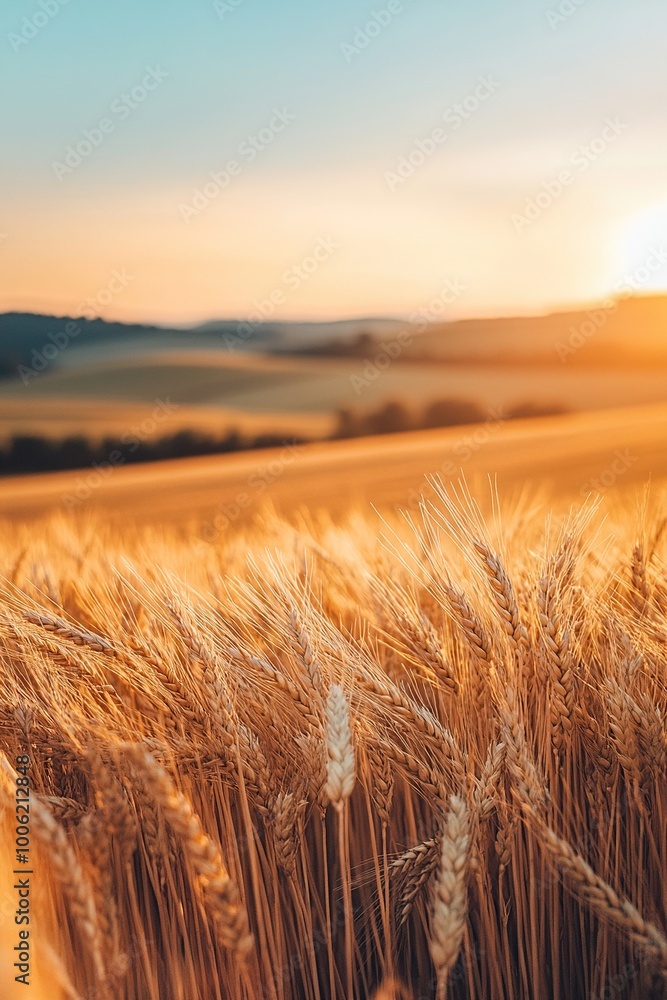 A detailed close-up panoramic view of golden wheat fields gently swaying in the breeze under a clear azure sky during a vibrant sunset. Warm sunlight casts a golden glow over the landscape. A detailed close-up panoramic view of golden wheat fields gently swaying in the breeze under a clear azure sky during a vibrant sunset. Warm sunlight casts a golden glow over the landscape.