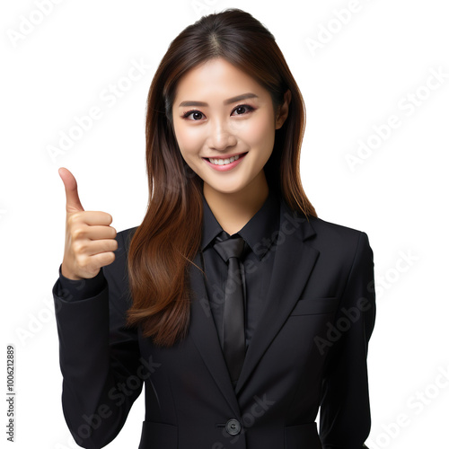 Asian young business woman smiling and showing thumbs up isolated on transparent background