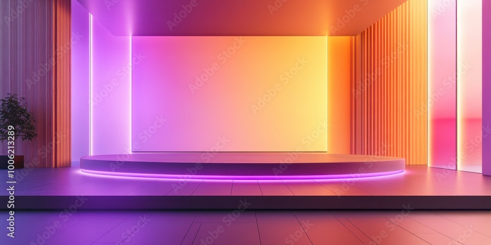 Fototapeta premium Modern stage with vibrant lighting, creating a dynamic atmosphere for presentations or performances.