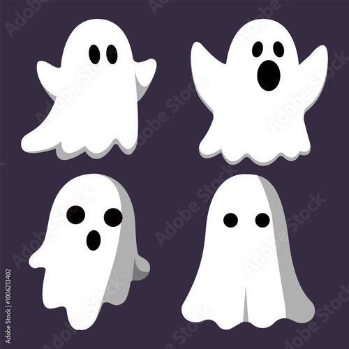 Cartoon Ghosts Set on Dark Background for Halloween Themes