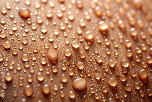 Macro shot of water droplets on wooden surface with natural texture