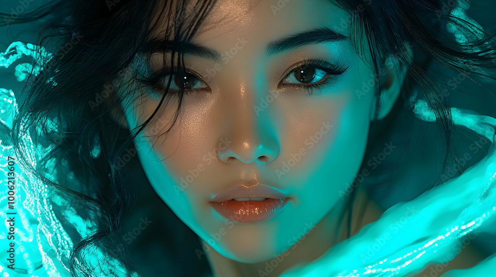 Close-up Portrait of Woman with Blue Lights, Beauty and Style Close-up Portrait of Woman with Blue Lights, Beauty and Style
