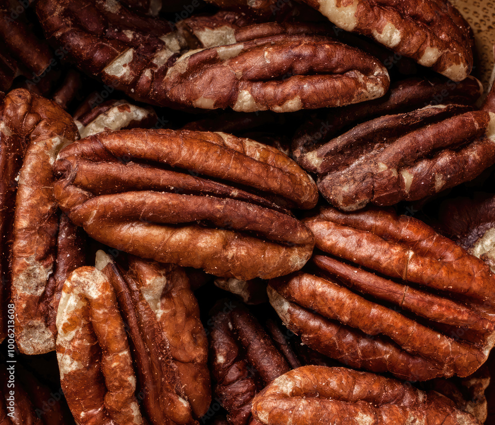 Close up view showing texture of shelled pecans