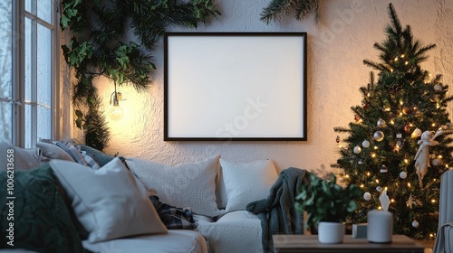 Make a blank wall art frame 5:7 enlarged, in a christmas cozy setting,christmascore,wintercore. Generate image with the main focus fitting perfectly  photo