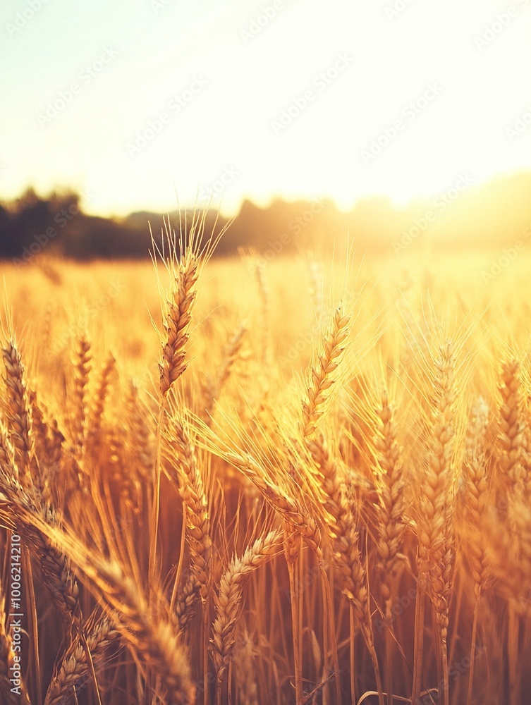 A detailed close-up panoramic view of golden wheat fields gently swaying in the breeze under a clear azure sky during a vibrant sunset. Warm sunlight casts a golden glow over the landscape. A detailed close-up panoramic view of golden wheat fields gently swaying in the breeze under a clear azure sky during a vibrant sunset. Warm sunlight casts a golden glow over the landscape.