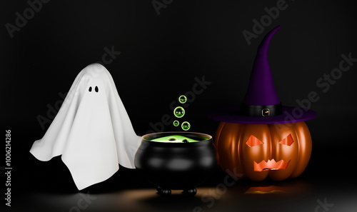 Spooky Witch's Cauldron with Glowing Green Potion, Surrounded by Floating Ghosts and a Traditional Witch's Hat photo