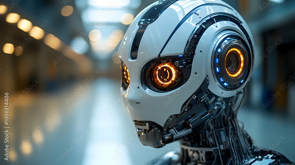 Futuristic Robot Head with Glowing Lights: Artificial Intelligence and Robotics Futuristic Robot Head with Glowing Lights: Artificial Intelligence and Robotics