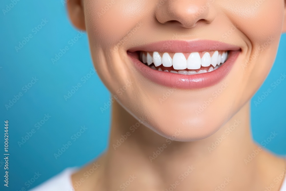 Fototapeta premium Smiling woman with perfect teeth against a blue background.