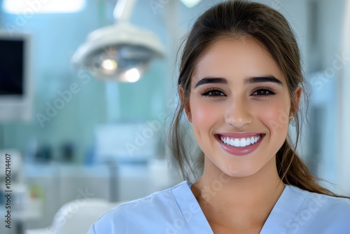 Smiling healthcare worker in a dental clinic, bright professional environment.