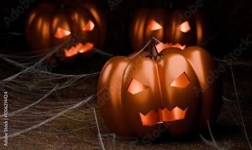 Jack-o'-Lanterns Surrounded by Cobwebs photo