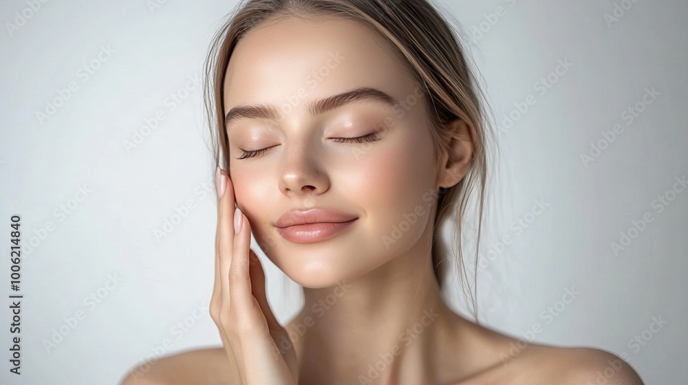 A serene woman with closed eyes, gently touching her face, displaying natural beauty against a soft background. A serene woman with closed eyes, gently touching her face, displaying natural beauty against a soft background.