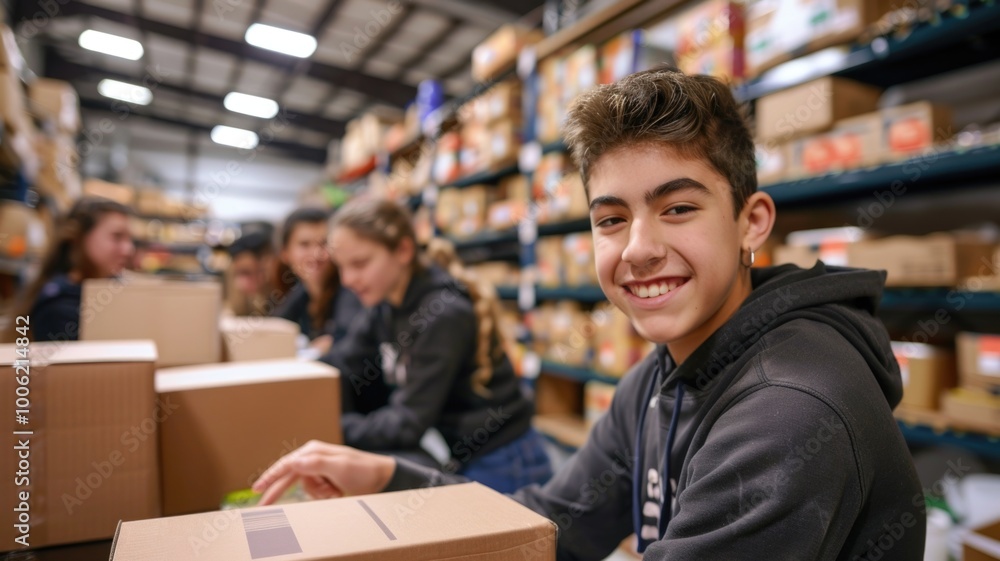teen Volunteers Smiling While Sorting Goods in a Warehouse,National Good Teen Day, teen Volunteers Smiling While Sorting Goods in a Warehouse,National Good Teen Day,