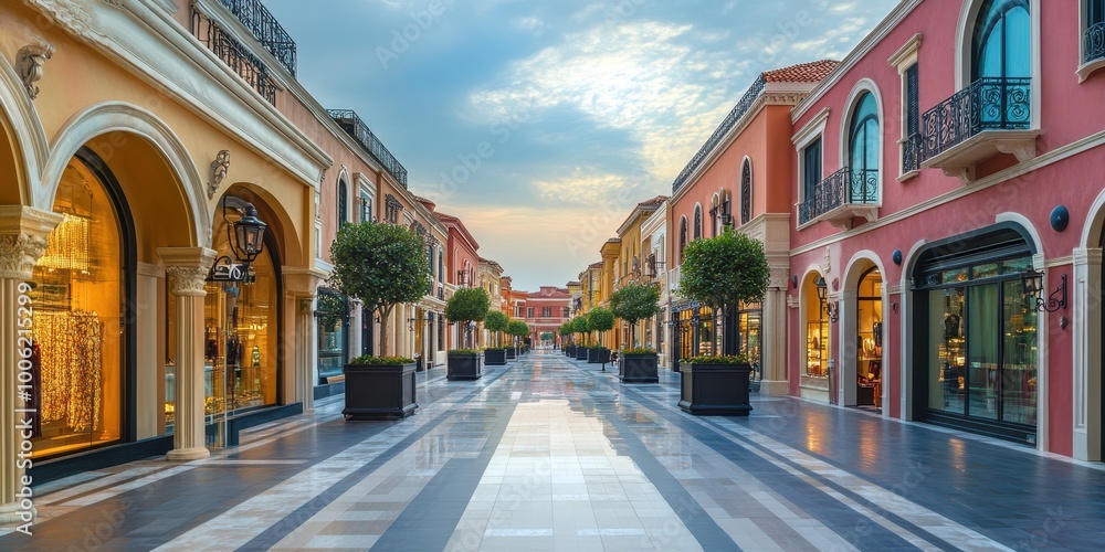 Fototapeta premium Stunning outdoor shopping street lined with stylish boutiques and beautiful architecture under a serene sky.