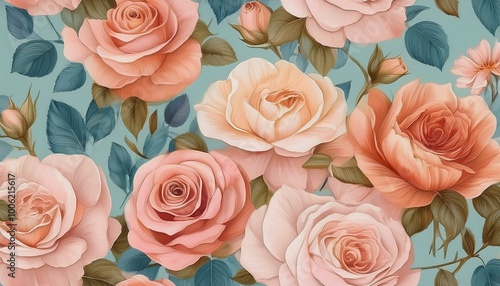 Summer blossoming delicate roses on blooming flowers festive background, pastel and soft bouquet floral card. seamless wallpaper Created with Generative AI technology.