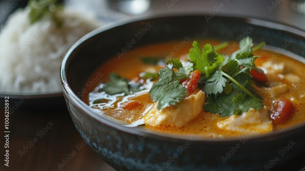 A close-up of a bowl of hot and sour tom yum soup, garnished with fresh herbs and served with a side of steamed jasmine rice. A close-up of a bowl of hot and sour tom yum soup, garnished with fresh herbs and served with a side of steamed jasmine rice.