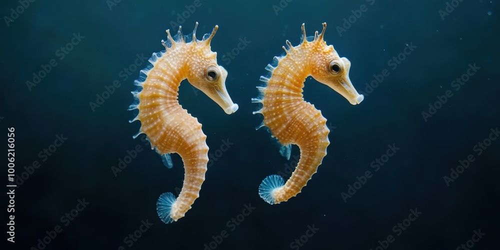 Two beautiful seahorses swimming together in a serene underwater scene, showcasing their unique shape and vibrant colors.