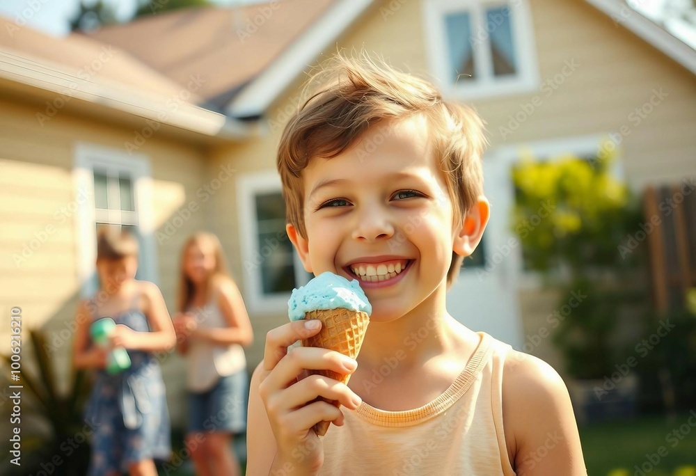 A cute child enjoying blue ice cream with friends in the sunny backyard on a summer day.
A cute child enjoying blue ice cream with friends in the sunny backyard on a summer day.