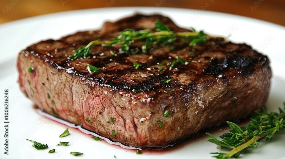 A close-up of a perfectly cooked steak, seared to perfection and garnished with fresh herbs, served on a elegant white plate. A close-up of a perfectly cooked steak, seared to perfection and garnished with fresh herbs, served on a elegant white plate.