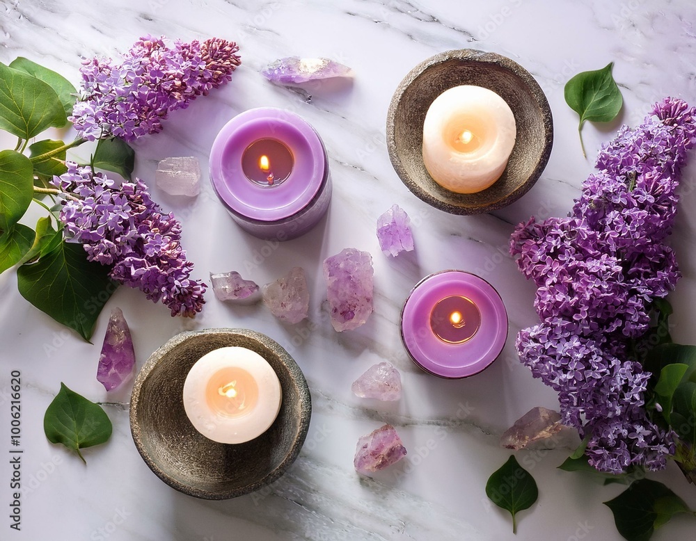 This tranquil setup features healing crystals and lilac candles on a marble table, complemented by lilac flowers, creating a perfect ambiance for meditation and spiritual rituals This tranquil setup features healing crystals and lilac candles on a marble table, complemented by lilac flowers, creating a perfect ambiance for meditation and spiritual rituals