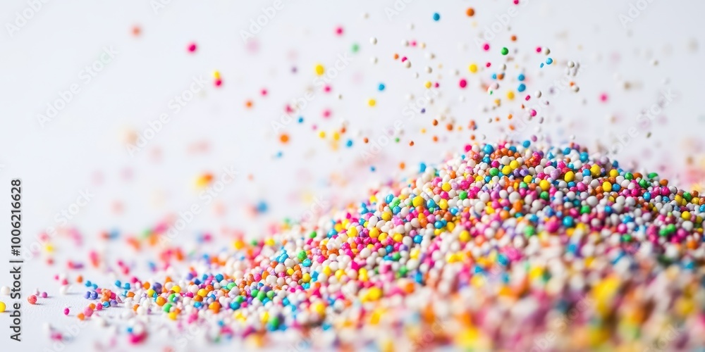 Fototapeta premium Vibrant colorful sprinkles scattered across a white surface, perfect for decorating cakes, cookies, and desserts.