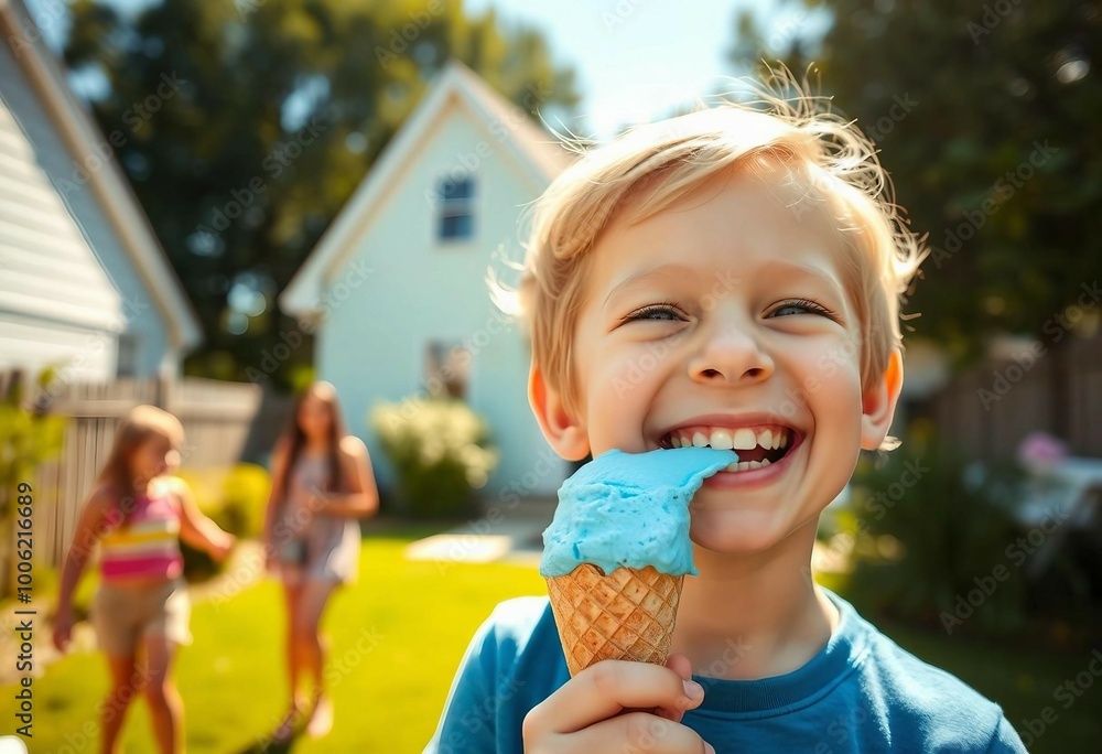 A cute child enjoying blue ice cream with friends in the sunny backyard on a summer day.
A cute child enjoying blue ice cream with friends in the sunny backyard on a summer day.