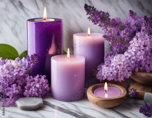 This tranquil setup features healing crystals and lilac candles on a marble table, complemented by lilac flowers, creating a perfect ambiance for meditation and spiritual rituals