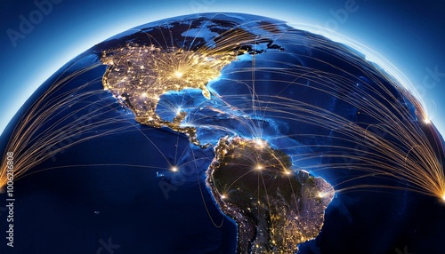 This visual illustrates a world map with illuminated pathways connecting major cities in Latin America, symbolizing the extensive reach of digital marketing services across the region