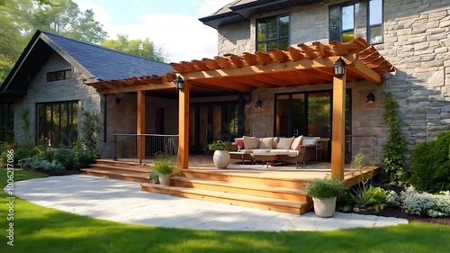 Modern Home with a Spacious Wooden Deck and Pergola