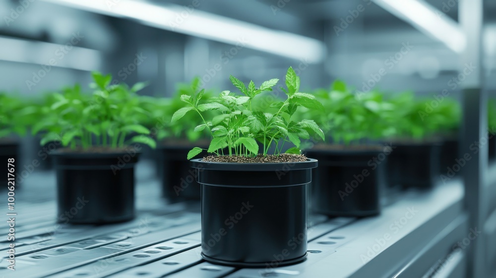 A vibrant indoor garden with green plants thriving in black pots, showcasing modern horticulture and growth in a controlled environment. A vibrant indoor garden with green plants thriving in black pots, showcasing modern horticulture and growth in a controlled environment.