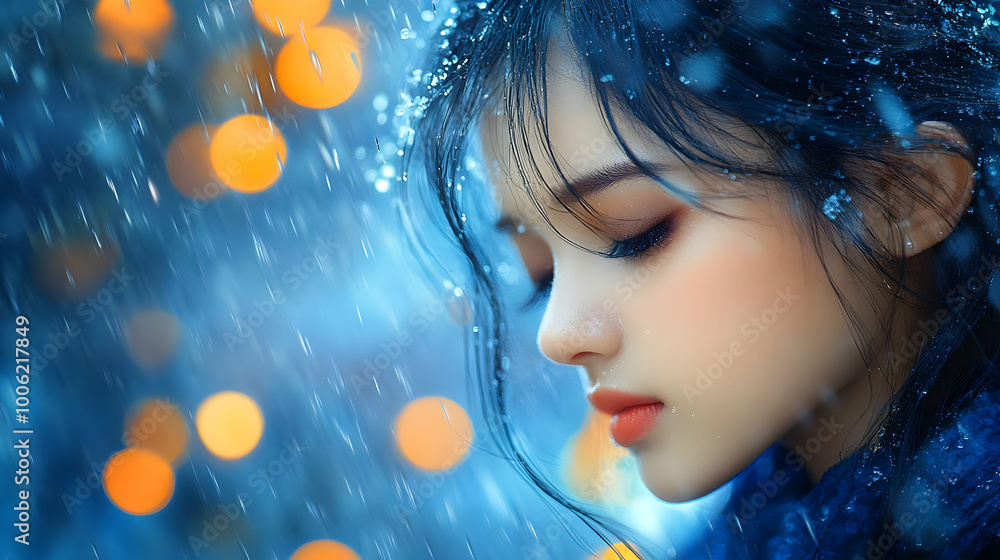 Woman in Rain with Bokeh Lights Woman in Rain with Bokeh Lights