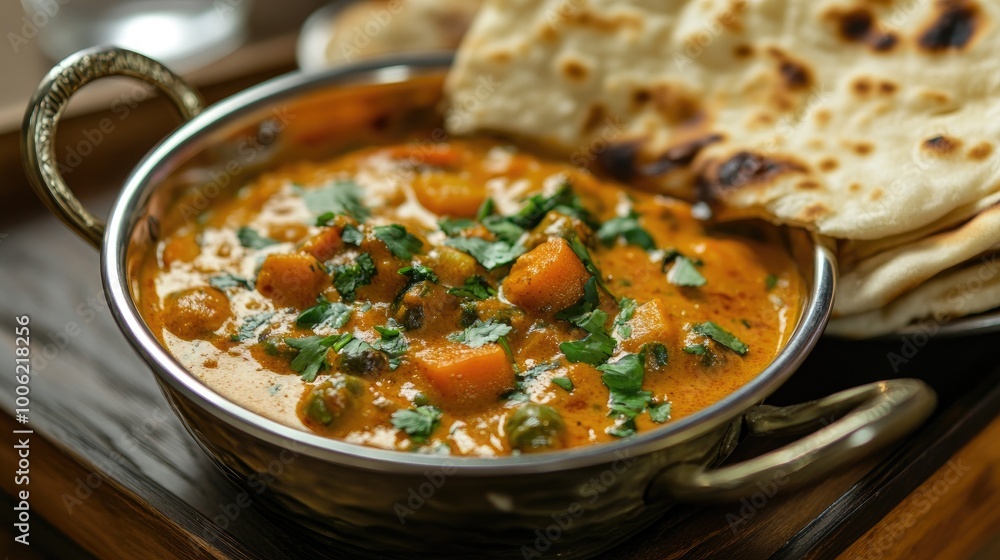 A comforting bowl of vegetable korma, creamy and aromatic curry with mixed vegetables, cashew nuts, and aromatic spices, served with naan bread. A comforting bowl of vegetable korma, creamy and aromatic curry with mixed vegetables, cashew nuts, and aromatic spices, served with naan bread.