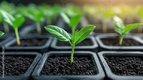 A close-up of young green plants growing in plastic pots filled with dark soil, showcasing new growth in a nurturing environment.
