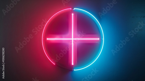 A neon sign with a red and blue cross on it