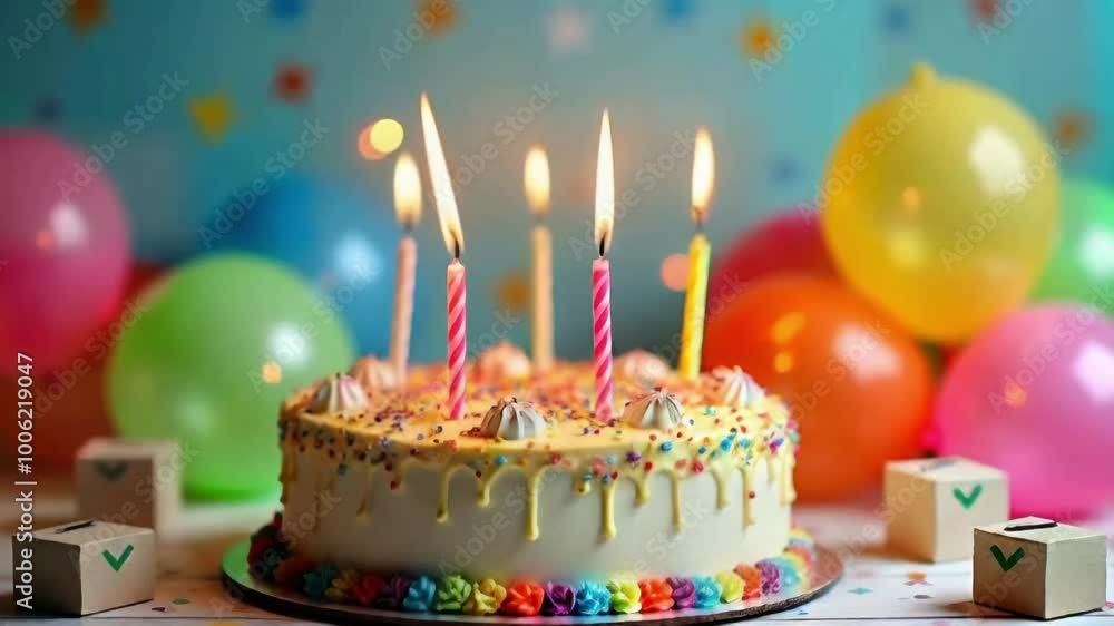 Happy Birthday Text Festive birthday cake with burning four candles, colorful balloons and checkboxes Happy Birthday Text Festive birthday cake with burning four candles, colorful balloons and checkboxes