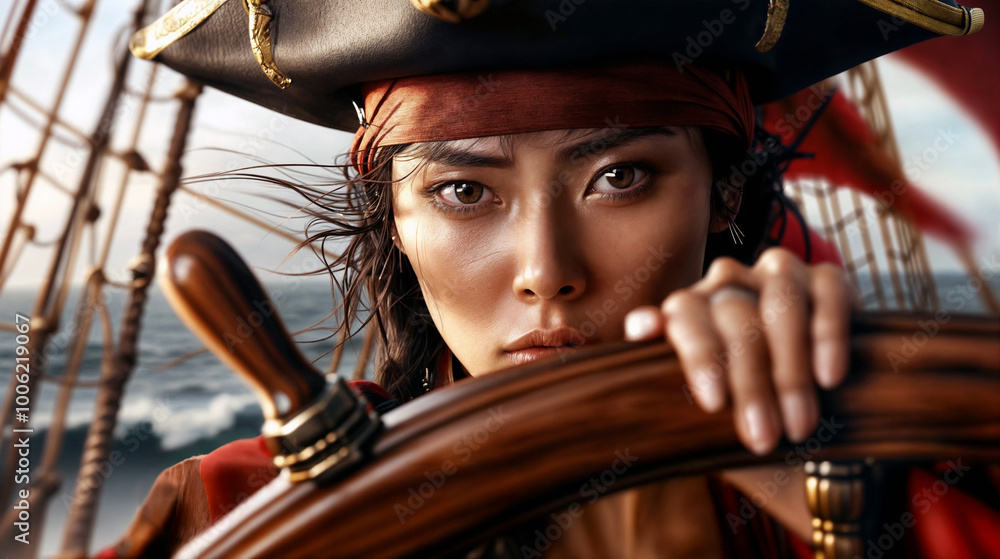 Fototapeta premium Closeup of determined Asian female pirate steering ship at sea