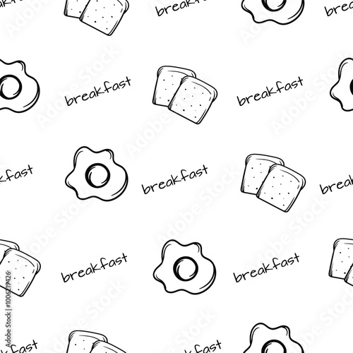 Simple black and white pattern with breakfast, scrambled eggs and toast. Vector background with food. Design of cafes, restaurants, menus. Design for wrapping paper