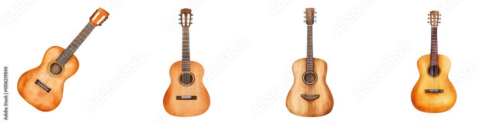 Collection of four different acoustic guitars, isolated on white background. Collection of four different acoustic guitars, isolated on white background.