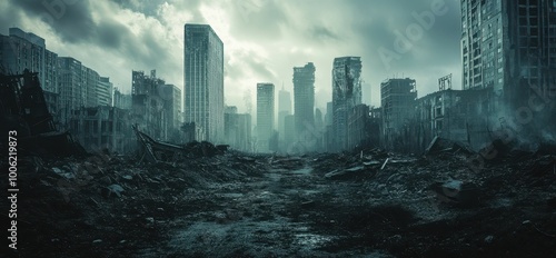 A desolate urban landscape reflects the aftermath of devastation, showcasing crumbling buildings and a gloomy, eerie atmosphere.