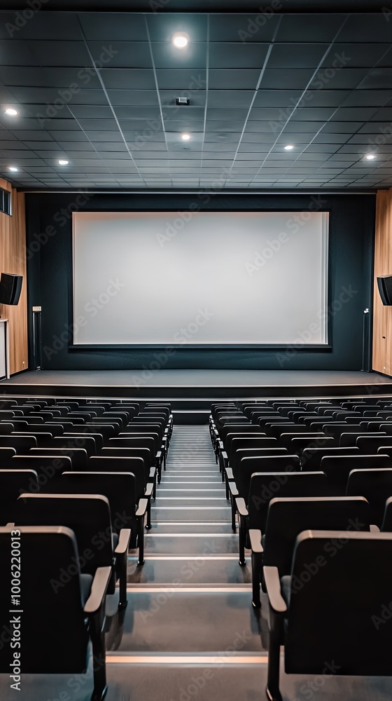 A large auditorium with a black and white projector screen A large auditorium with a black and white projector screen
