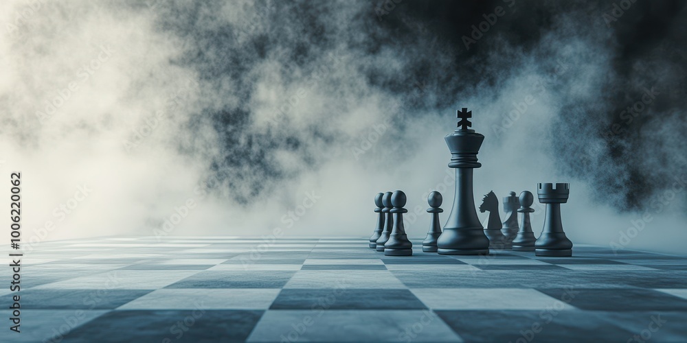 A dramatic chess scene with fog, highlighting the strategic pieces within an atmospheric setting. A dramatic chess scene with fog, highlighting the strategic pieces within an atmospheric setting.